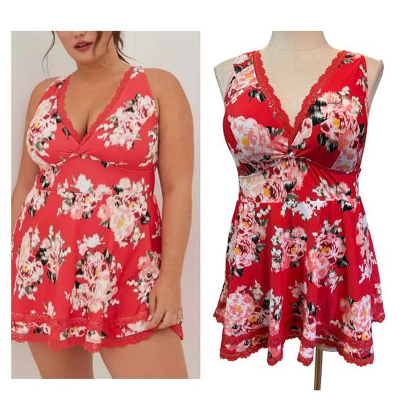 New Torrid 2 (2X 18/20) Mid Length Ikat Floral Muted Red‎ Wire Free Swim Dress